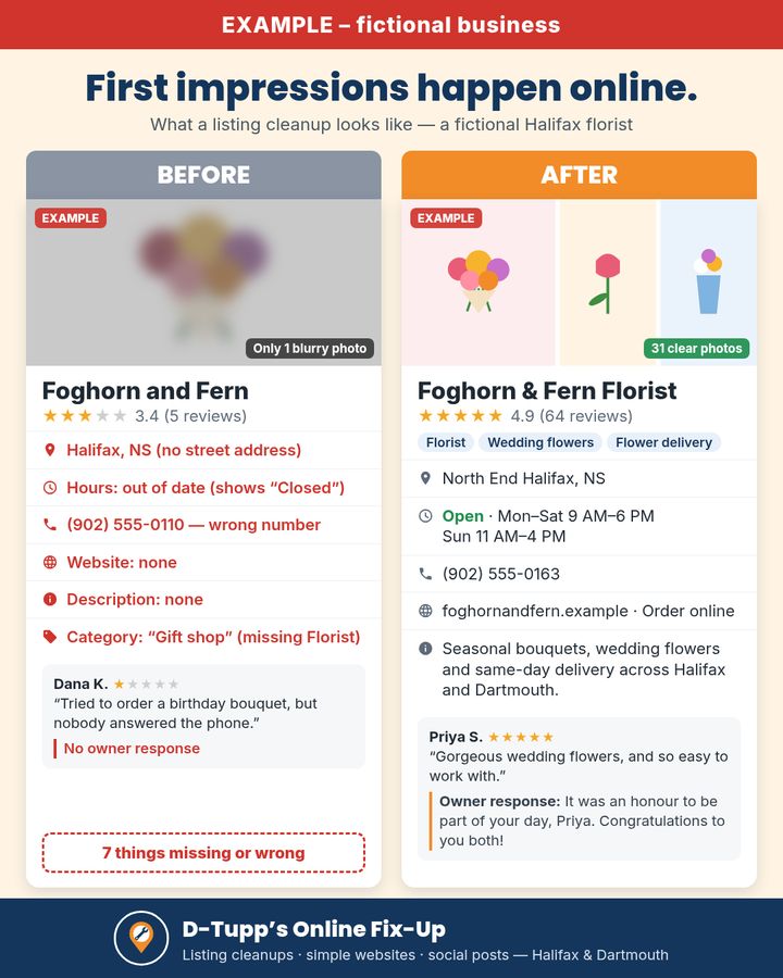Example only, fictional business. Before: a Halifax florist listing showing out-of-date hours, a wrong phone number, no website and the category Gift shop. After: current hours, correct details, online ordering link, Florist category and owner replies.